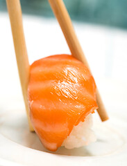 Image showing Delicious Salmon Sushi Represents Japanese Food And Delicacy 