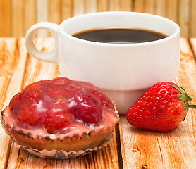 Image showing Delicious Desert Coffee Shows Strawberry Tart Pie And Baked  