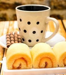 Image showing Orange Cakes Coffee Indicates Swiss Rolls And Break 