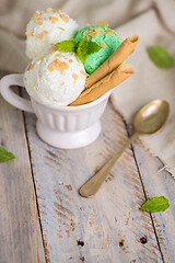 Image showing Vanilla and mint ice cream in cup