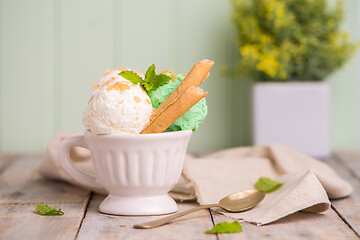 Image showing Vanilla and mint ice cream in cup