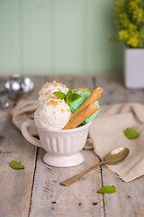 Image showing Vanilla and mint ice cream in cup