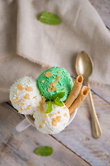 Image showing Vanilla and mint ice cream in cup