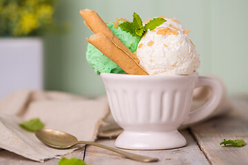 Image showing Vanilla and mint ice cream in cup