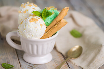 Image showing Vanilla and mint ice cream in cup