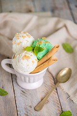 Image showing Vanilla and mint ice cream in cup