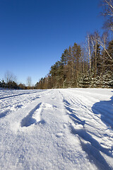 Image showing road in winter forest close-up