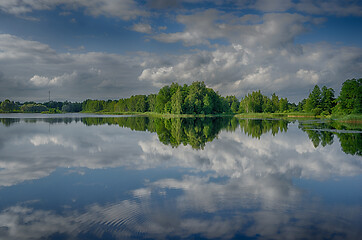 Image showing Reflections in a lake with sky and trees