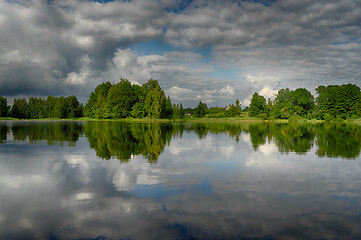 Image showing Reflections in a lake with sky and trees