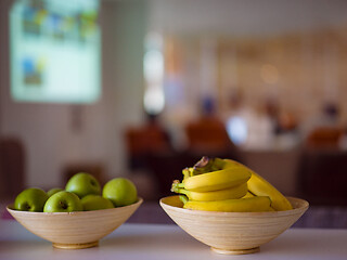 Image showing Two bowl with with bananas and apples