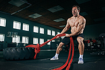 Image showing Shirtless man flipping heavy tire at gym