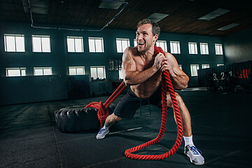 Image showing Shirtless man flipping heavy tire at gym