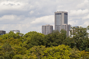 Image showing Modern architecture. Modern steel and glass skyscrapers in Osaka.