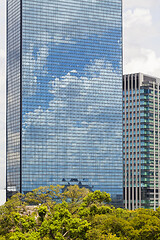 Image showing Modern architecture. Modern steel and glass skyscrapers in Osaka.