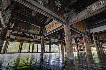 Image showing Ancient wooden Pavilion main hall decorating with old paintings