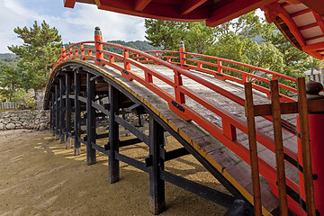 Image showing Red wooden temple bridge in japan