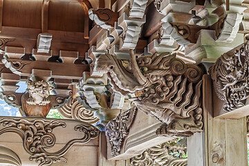 Image showing Wooden carving of elephant decorates the gable of a roof over the entrance of an ancient Buddhist temple in Japan.