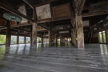 Image showing Ancient wooden Pavilion main hall decorating with old paintings