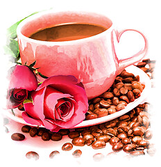 Image showing Coffee Beans Fresh Represents Drink Aromatic And Cup 