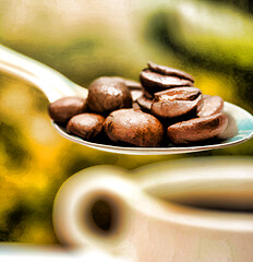 Image showing Coffee Beans Spoon Shows Refreshment Tasty And Roasted 