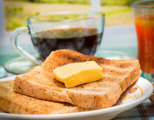 Image showing Breakfast Butter Toast Means Fruit Jam And Beverage 