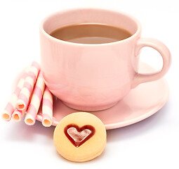 Image showing Heart And Coffee Means Bickies Snack And Delicious 