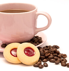 Image showing Cup of freshly brewed coffee and some strawberry cookies 