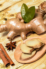 Image showing Sliced Ginger Root Means Star Anise And Cinnamons 