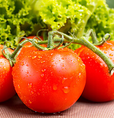 Image showing Juicy red vine tomatoes with a green salad 