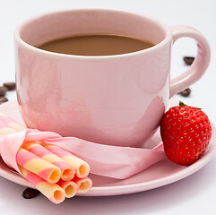 Image showing Coffee And Strawberry Represents Delicious Cracker And Biscuits 