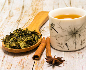 Image showing Green Tea Leaves Represents Break Time And Breaks 