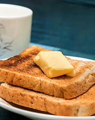 Image showing Butter Toast Slices Means Black Coffee And Bread 