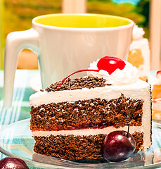 Image showing Black Forest Cake Represents Coffee Break And Beverages 