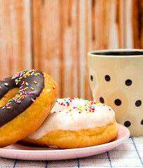 Image showing Donut And Coffee Indicates Fatty Food And Delicious 