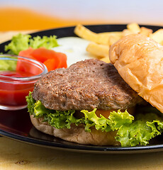 Image showing Burger And Chips Means Ready To Eat And Beef  