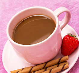 Image showing Mug of freshly brewed coffee and some chocolate cookie sticks 