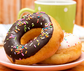 Image showing Doghnut And Coffee Means Fatty Food And Break 