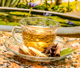 Image showing Tea On Patio Represents Fresh Ginger And Spices 