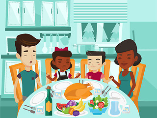 Image showing Multiracial family praying at festive table.