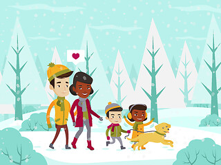 Image showing Multiethnic family walking in winter snowy forest.