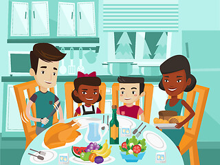 Image showing Multicultural family celebrating thanksgiving day.