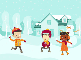 Image showing Multicultural children playing snowball fight.
