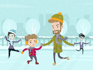 Image showing Caucasian father teaching his son ice skating.