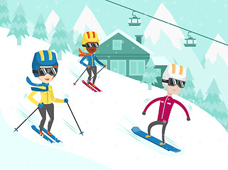 Image showing Multicultural people skiing and snowboarding.