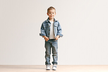 Image showing The portrait of cute little boy in stylish jeans clothes looking at camera at studio