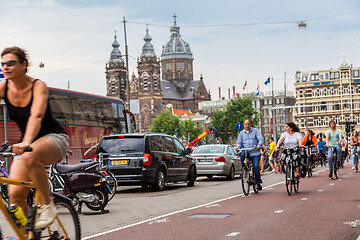 Image showing People riding bicycles in Amsterdam