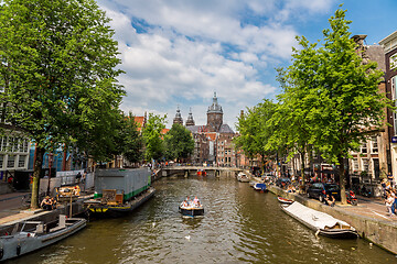 Image showing Canal and St. Nicolas Church in Amsterdam