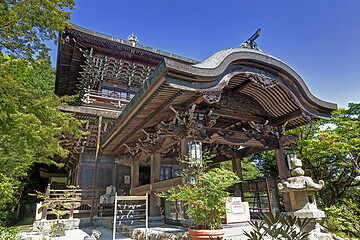 Image showing MIYAJIMA, JAPAN - AUGUST 31, 2019: entrance of a Japanese buddhist temple, Shingon Temple in Miyajima Island, Japan