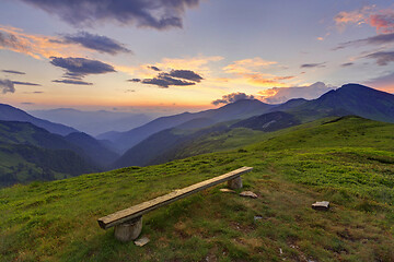 Image showing Bench in a very picturesque mountain location in beautiful Rodna mountains in Romania