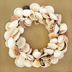 Image showing Scallop Shell Wreath on Beach Sand 